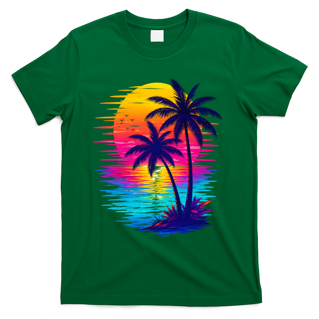 Palm Sunset Ocean Summer Beach Hawaiian T-Shirt - Green