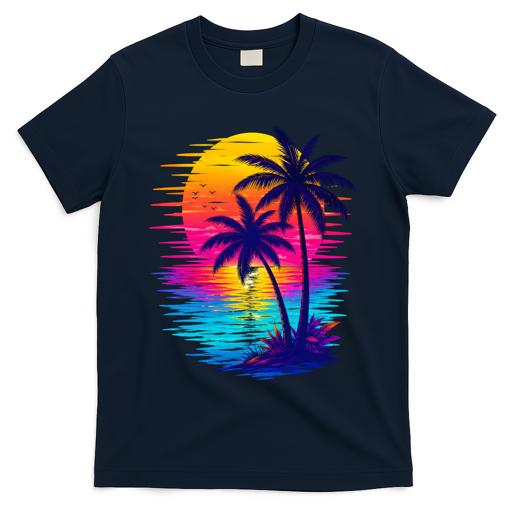 Palm Sunset Ocean Summer Beach Hawaiian T-Shirt - Navy