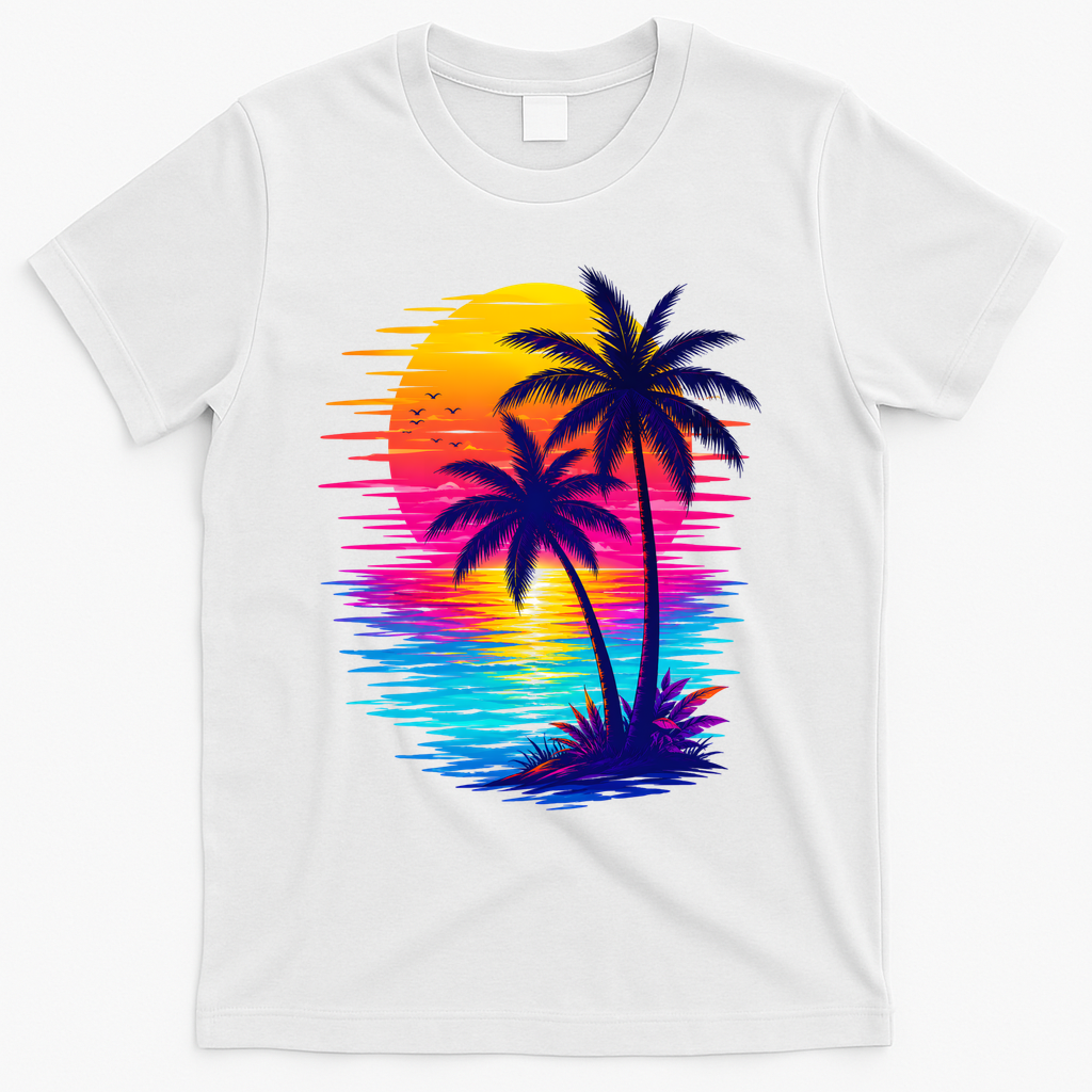Palm Sunset Ocean Summer Beach Hawaiian T-Shirt - White
