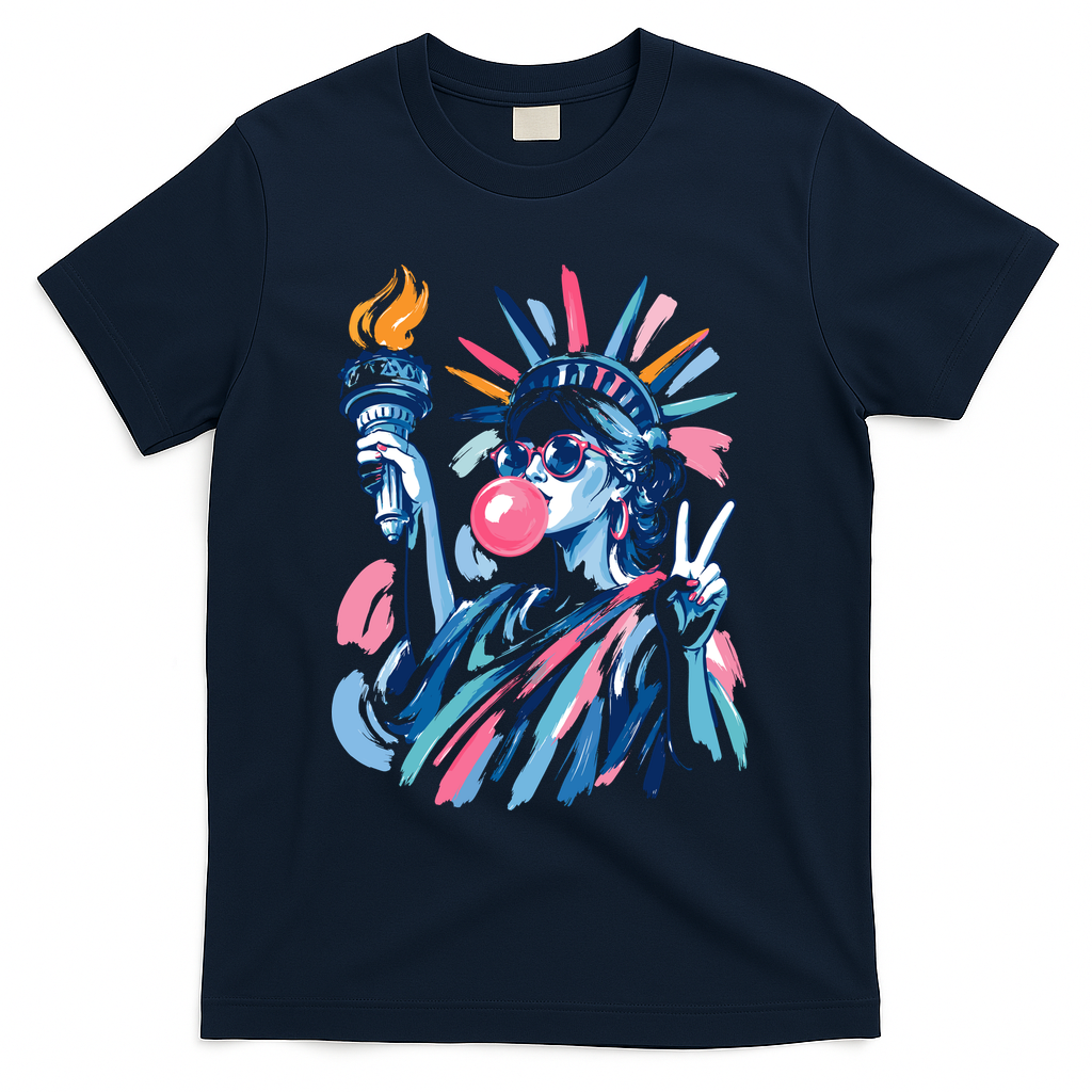 Preppy Statue Of Liberty Blowing Bubble Gum 4th Of July  T-Shirt - Navy