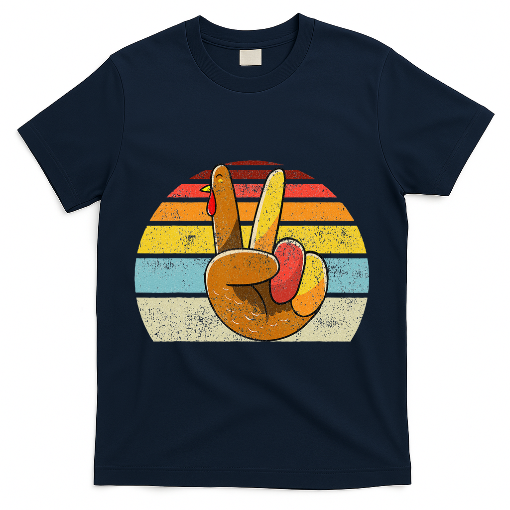 Peace Sign Turkey Hand Thanksgiving Retro Style Funny T-Shirt - Navy