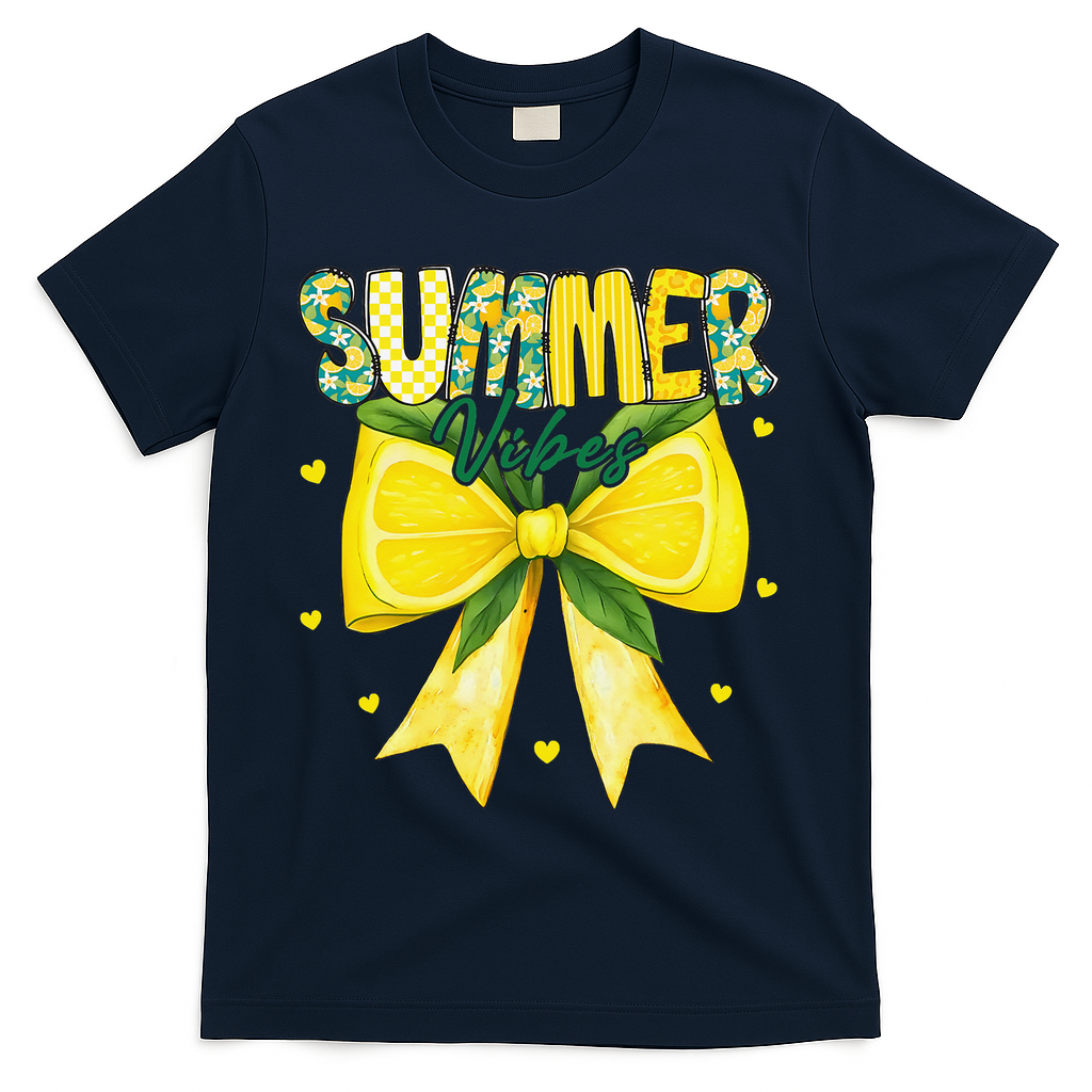 Preppy Summer Vibes Lemon Bow Girly Summer T-Shirt - Navy