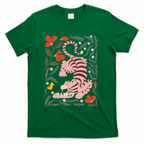 Pink Tiger and friendly bird - cute floral - Green