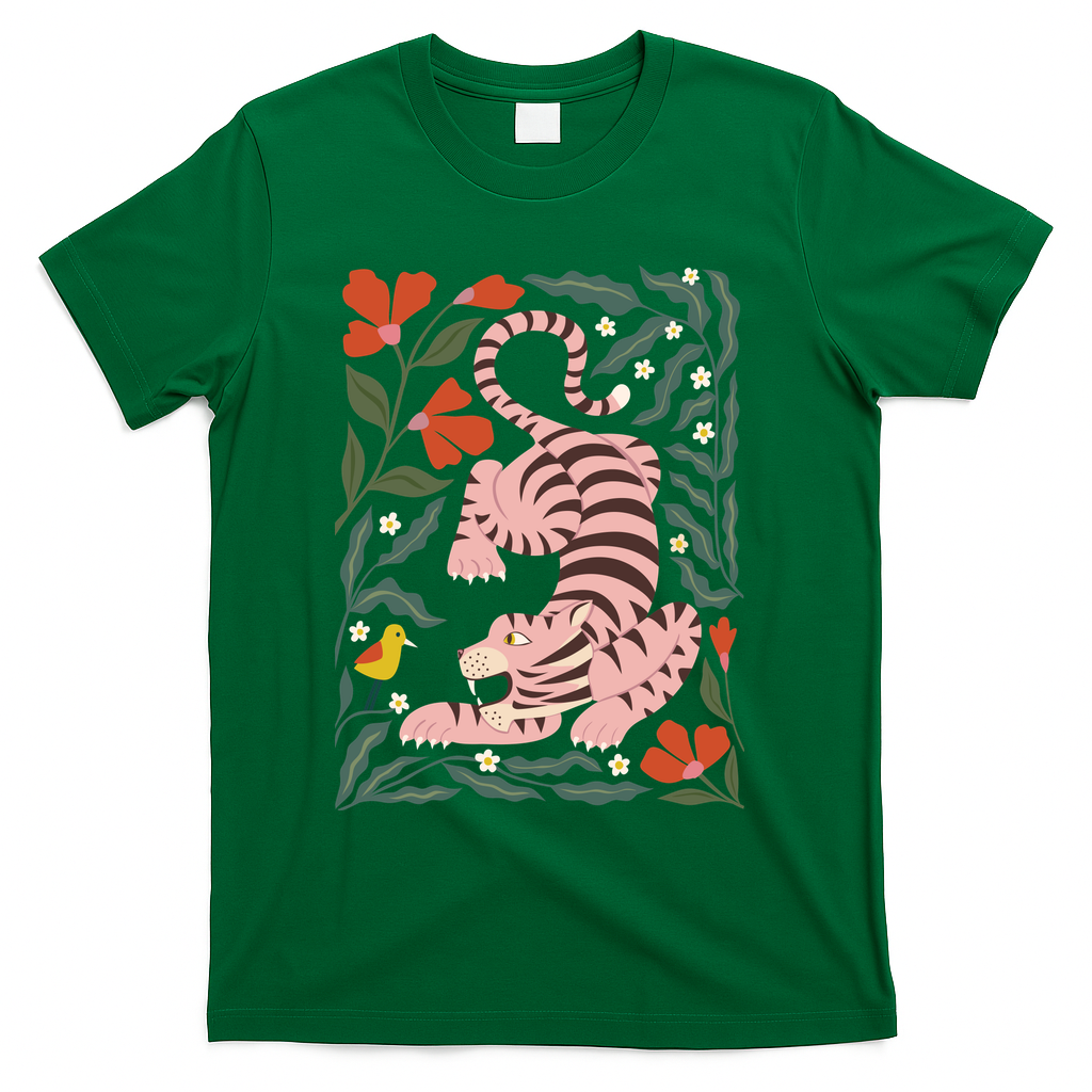 Pink Tiger and friendly bird - cute floral - Green