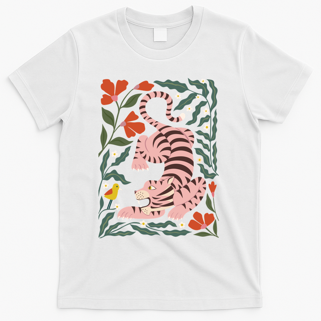 Pink Tiger and friendly bird - cute floral - White