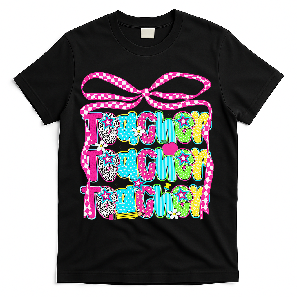 Preppy Teacher Coquette Bow Teacher Summer Last Day T-Shirt - Black