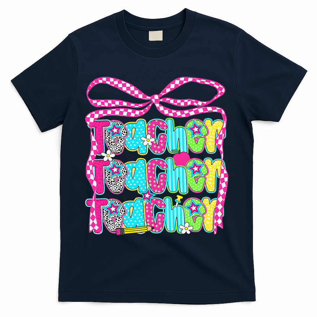 Preppy Teacher Coquette Bow Teacher Summer Last Day T-Shirt - Navy