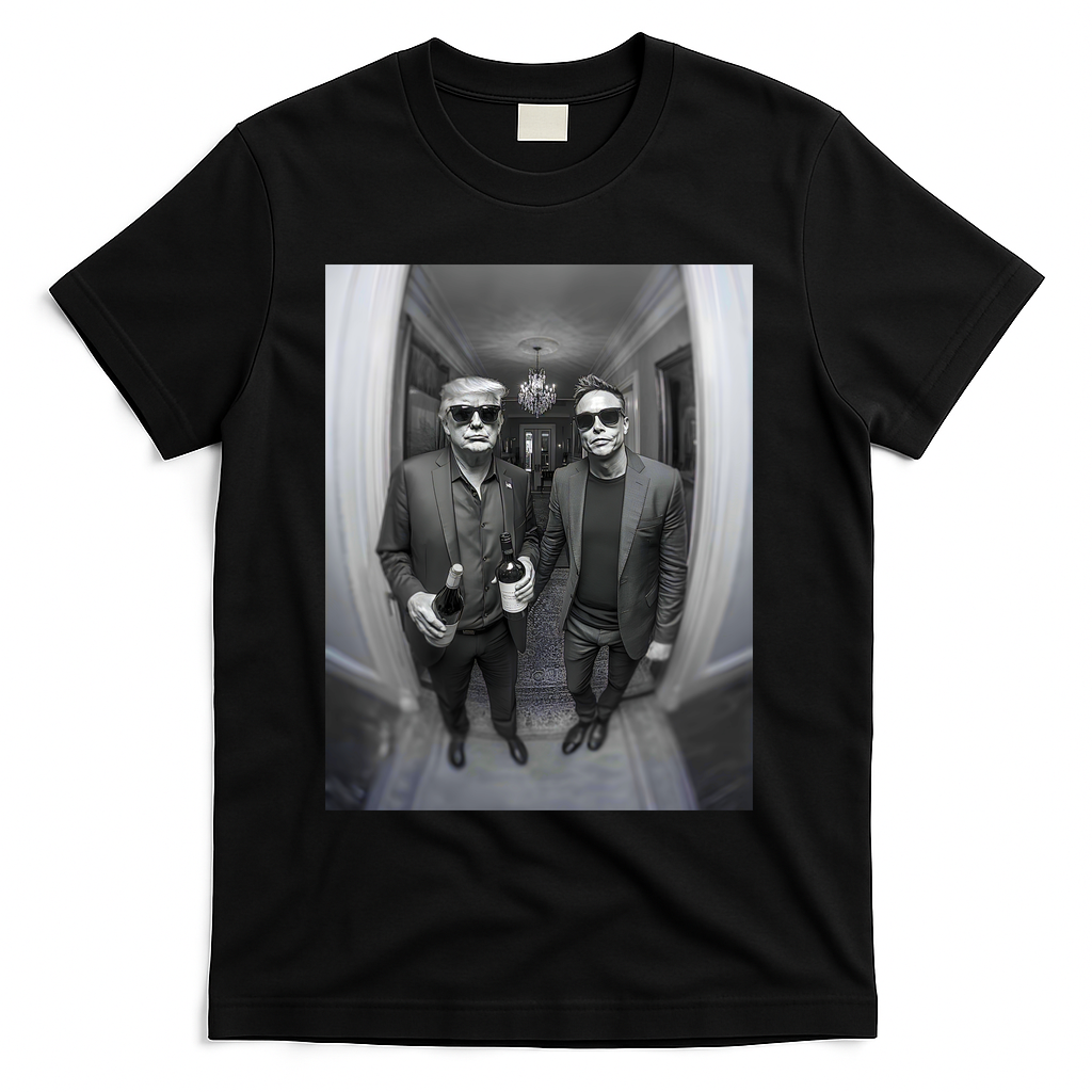 President Trump Elon Musk Funny Meme Knocking On Door T-Shirt - Black