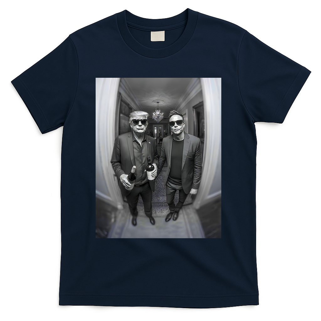 President Trump Elon Musk Funny Meme Knocking On Door T-Shirt - Navy