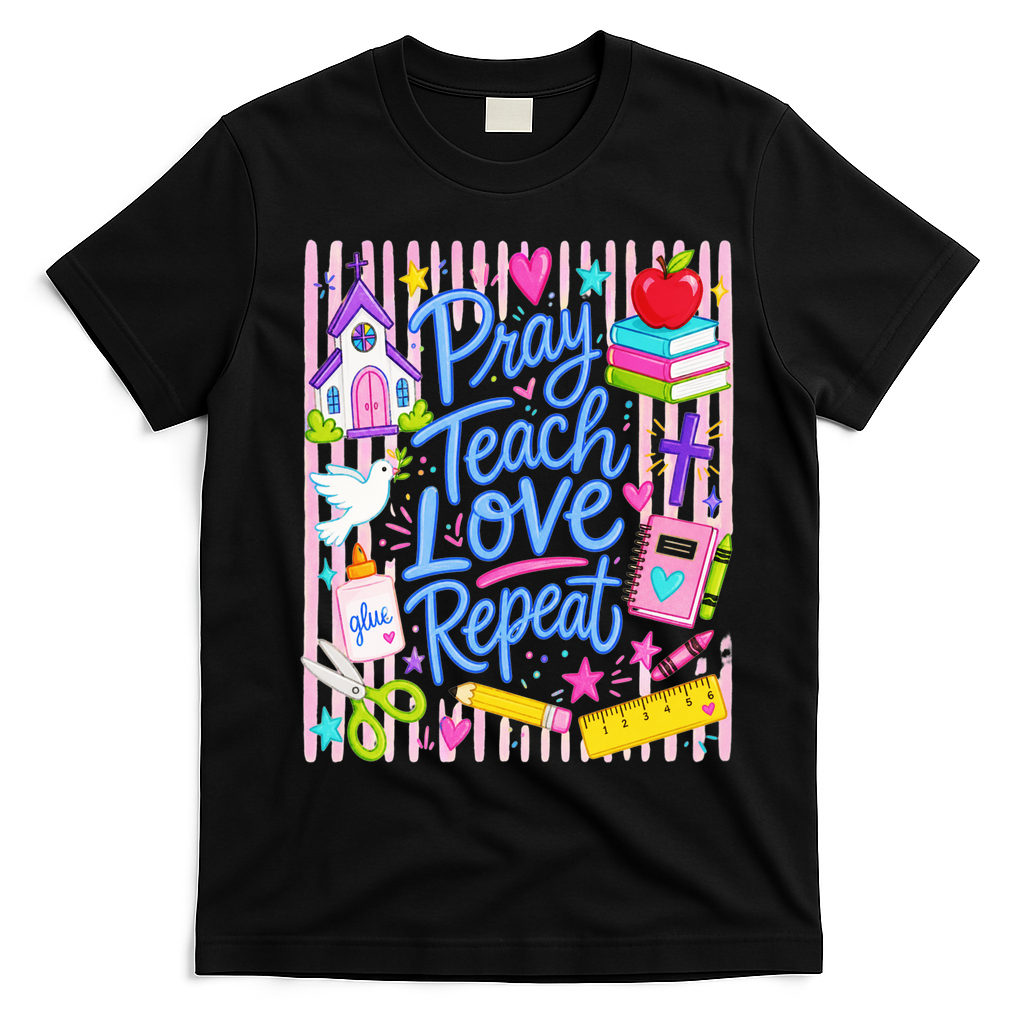 Pray Teach Love Repeat Christian Teacher Striped T-Shirt - Black