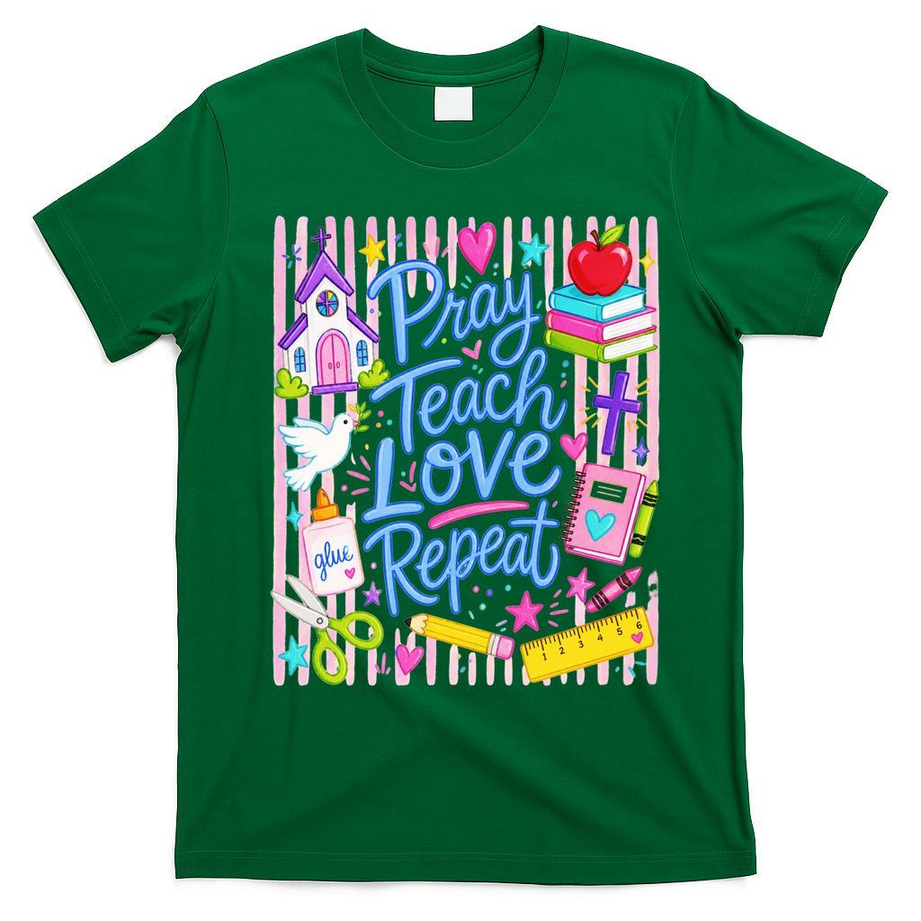 Pray Teach Love Repeat Christian Teacher Striped T-Shirt - Irish Green