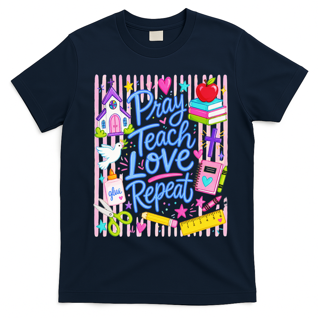 Pray Teach Love Repeat Christian Teacher Striped T-Shirt - Navy Blue