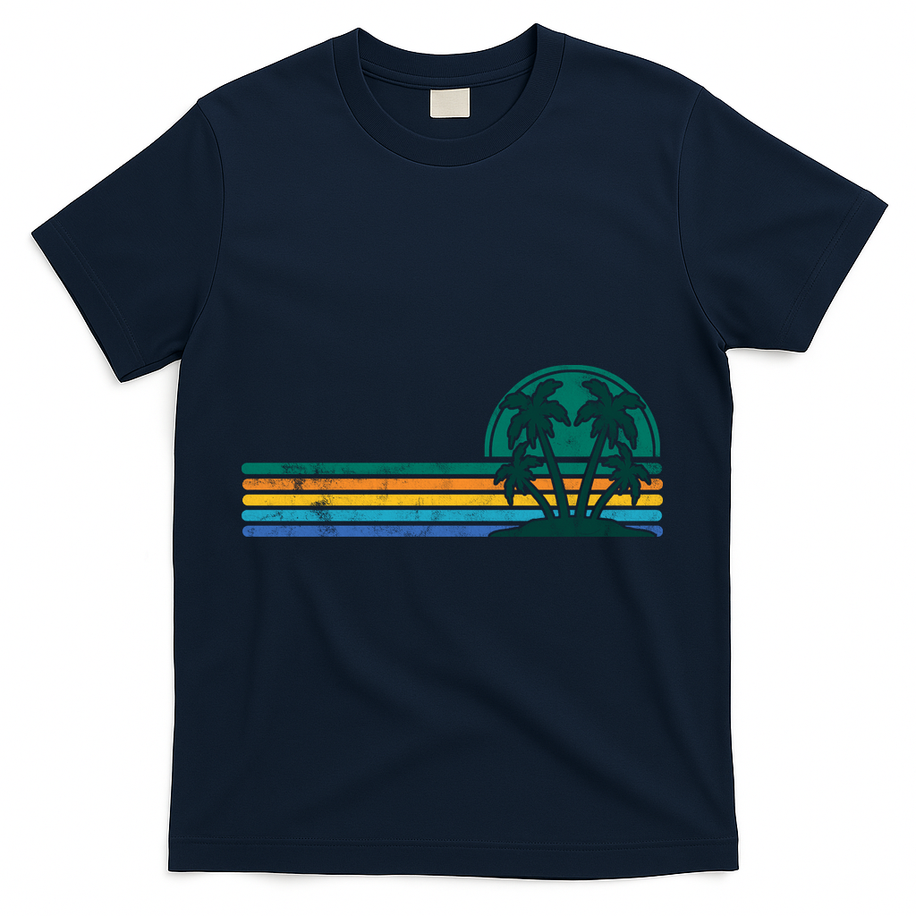 Palm Trees Retro Beach Summer T-Shirt - Navy
