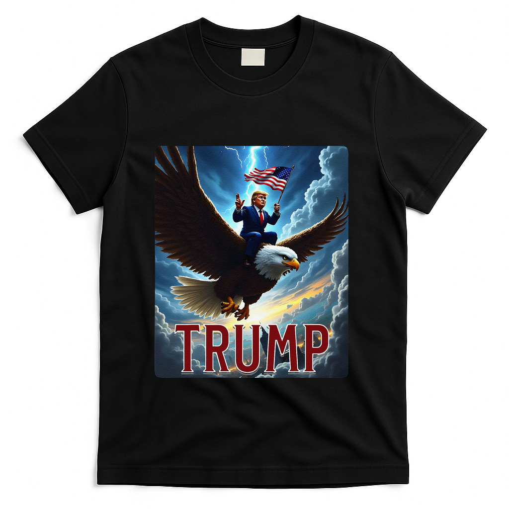 President Trump Riding An Eagle. Patriotic Political T-Shirt - Black
