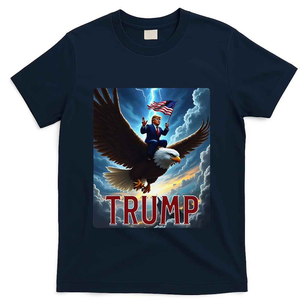 President Trump Riding An Eagle. Patriotic Political T-Shirt - Navy