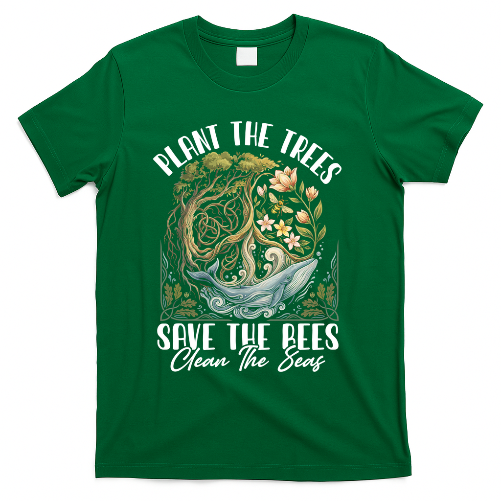 Plant The Trees Save The Bees Peace Sign Earth T-Shirt - Green