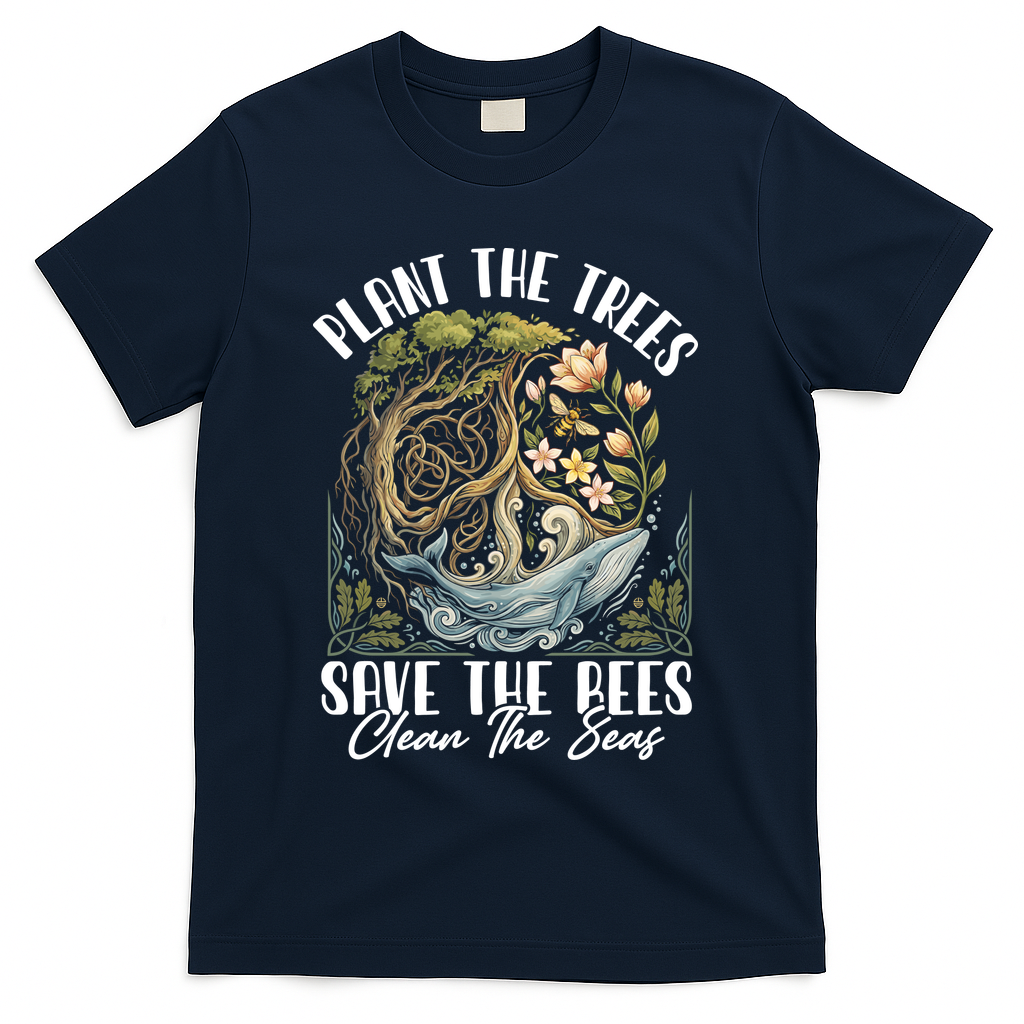 Plant The Trees Save The Bees Peace Sign Earth T-Shirt - Navy