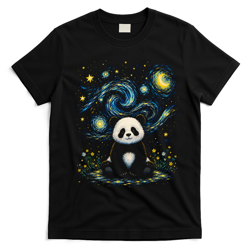 Panda Under Starry Night Sky Cosmic T-Shirt - Black