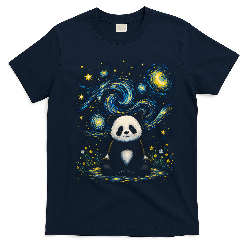 Panda Under Starry Night Sky Cosmic T-Shirt - Navy Blue