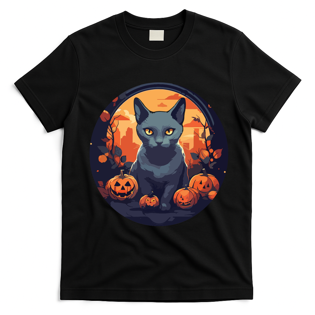 Russian Blue Cat Halloween Pumpkin Love Cats T-Shirt - Black