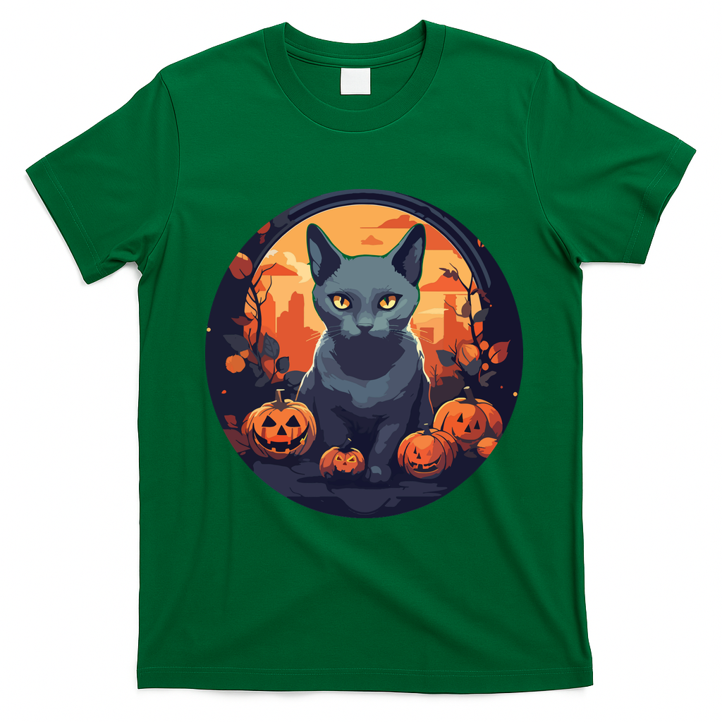 Russian Blue Cat Halloween Pumpkin Love Cats T-Shirt - Irish Green