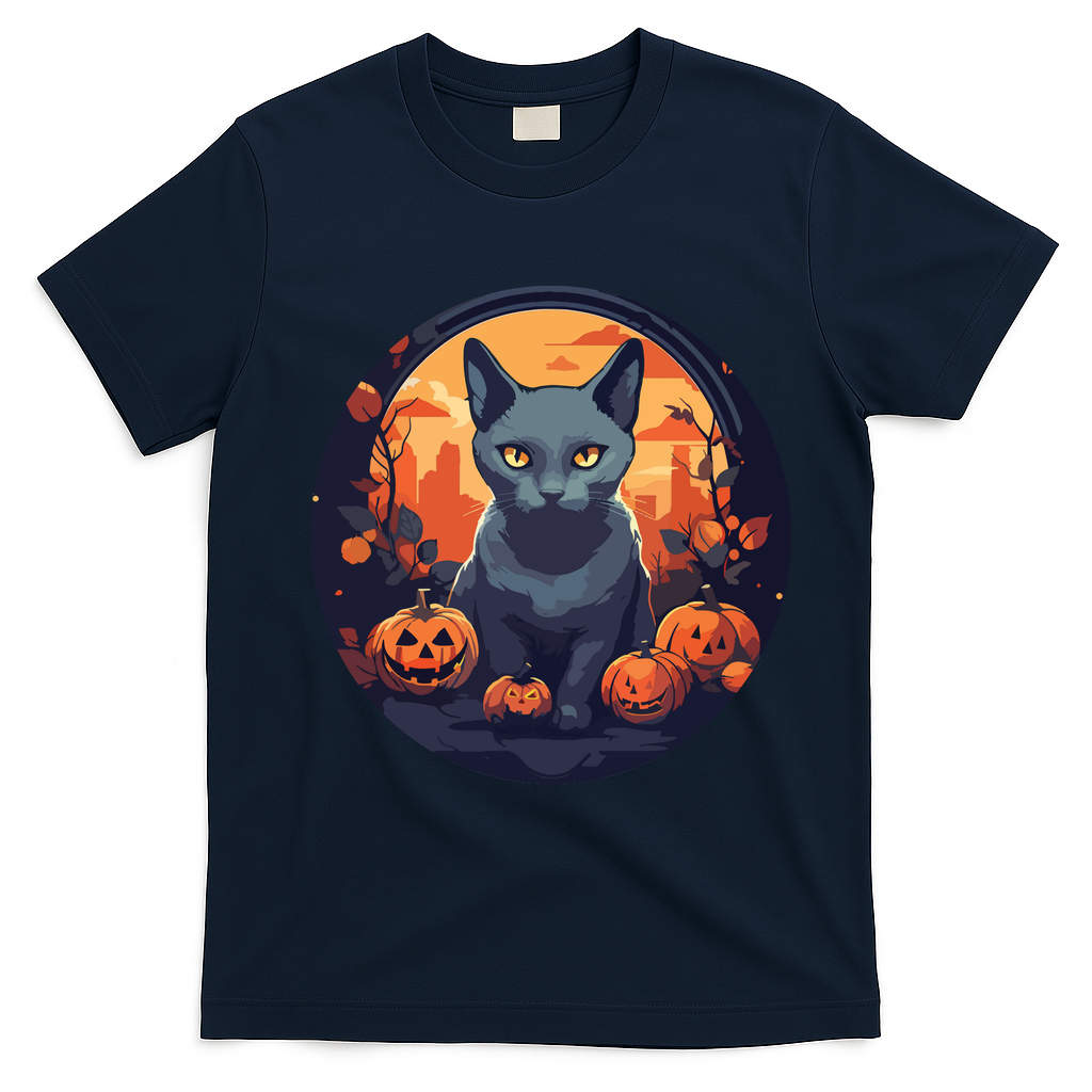 Russian Blue Cat Halloween Pumpkin Love Cats T-Shirt - Navy Blue