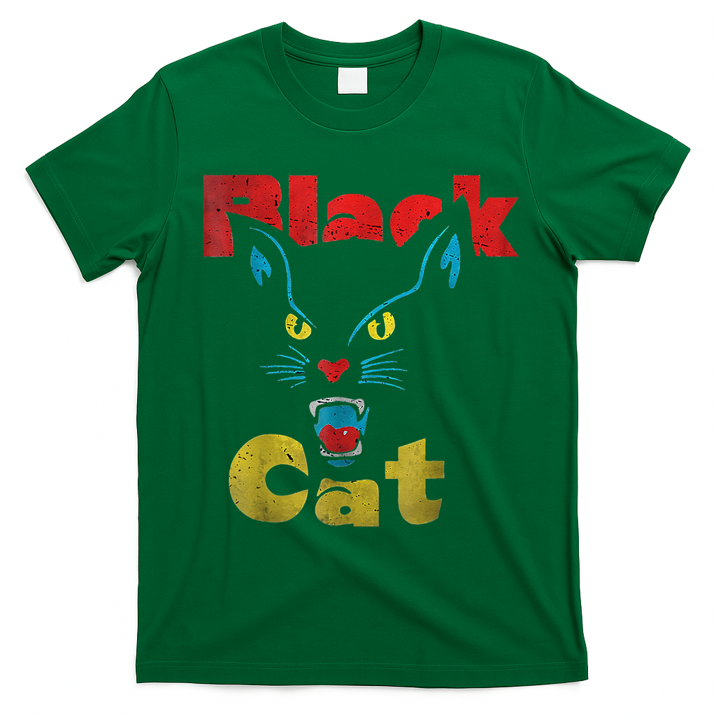 Retro Black Cat Retro Fireworks Vintage Halloween T-Shirt - Irish Green