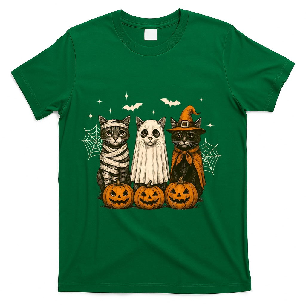 Retro Black Cat Witch Scary Halloween Pumpkin Spooky T-Shirt - Green
