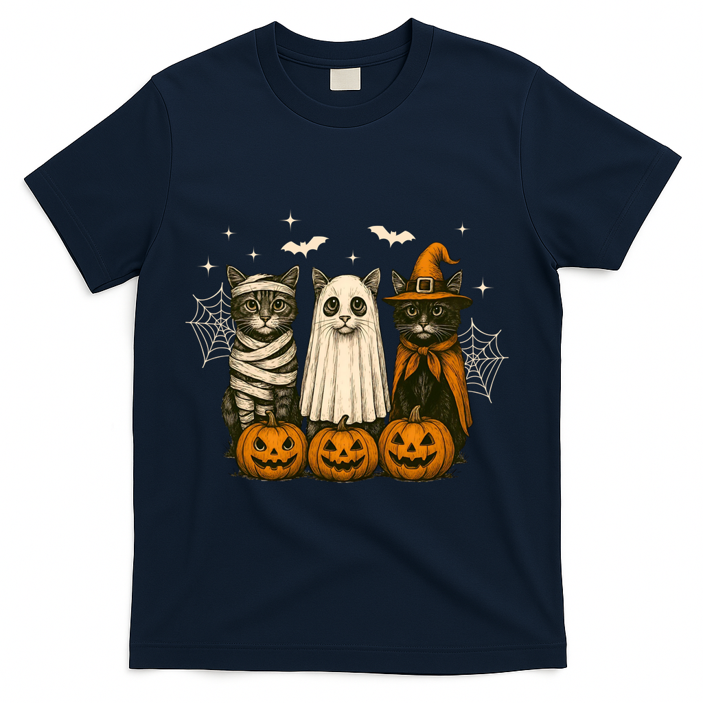 Retro Black Cat Witch Scary Halloween Pumpkin Spooky T-Shirt - Navy