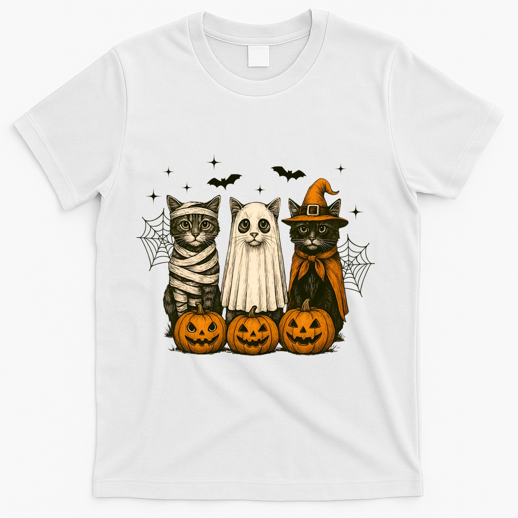 Retro Black Cat Witch Scary Halloween Pumpkin Spooky T-Shirt - White