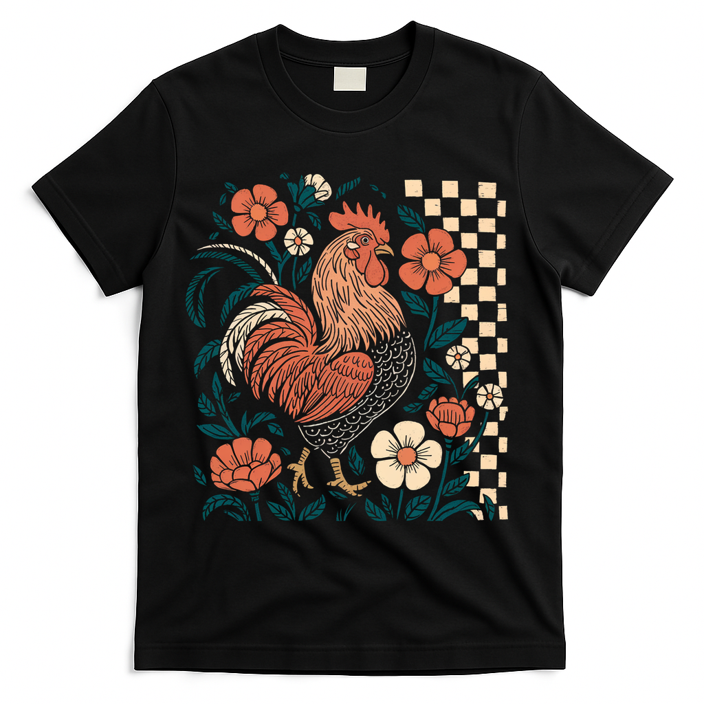 Retro Boho Floral Fall Chicken Hen Vintage T-Shirt - Black