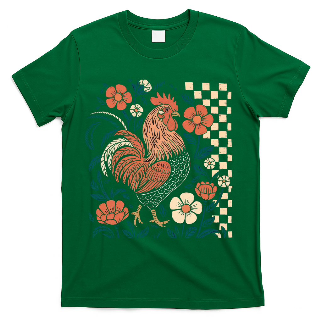 Retro Boho Floral Fall Chicken Hen Vintage T-Shirt - Green
