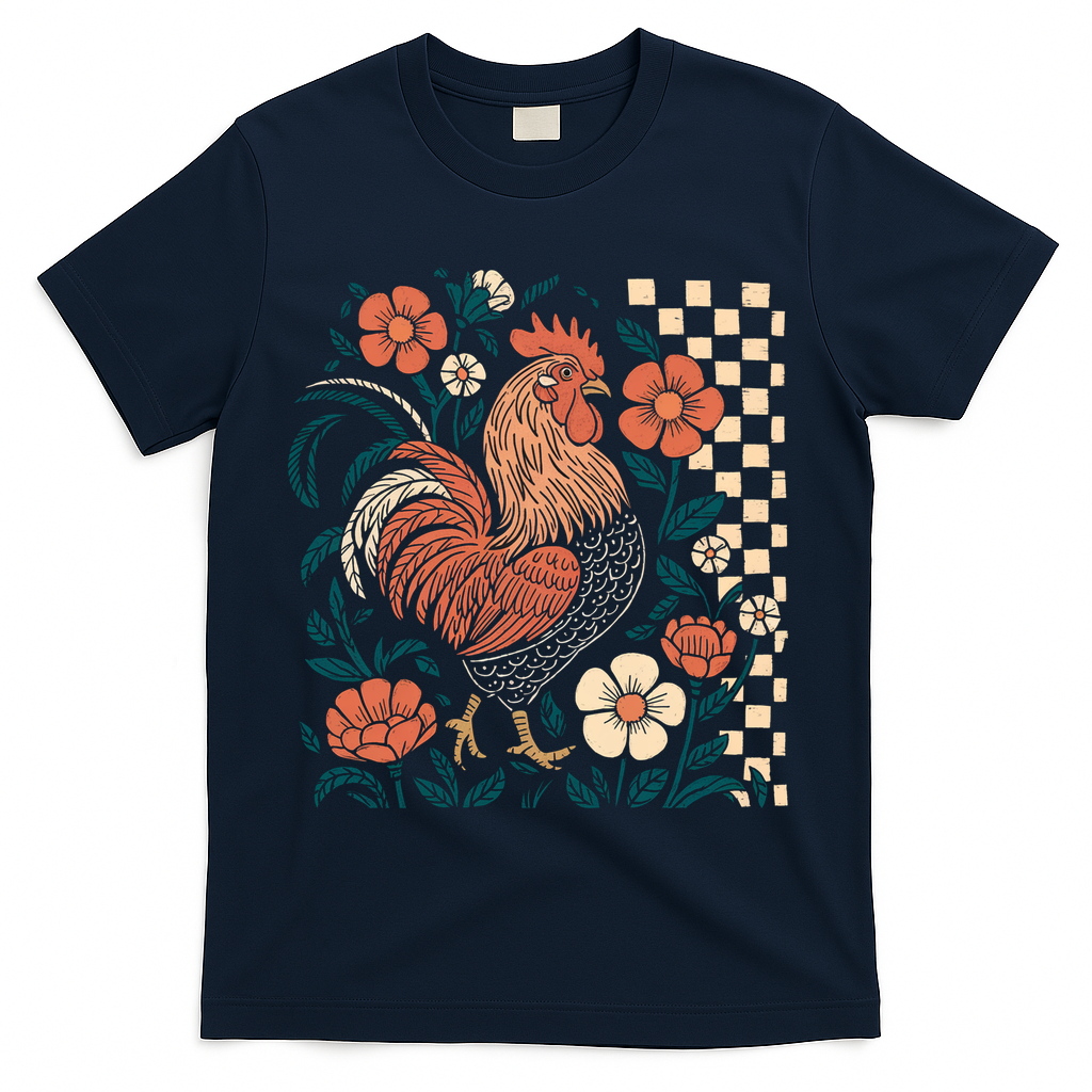 Retro Boho Floral Fall Chicken Hen Vintage T-Shirt - Navy