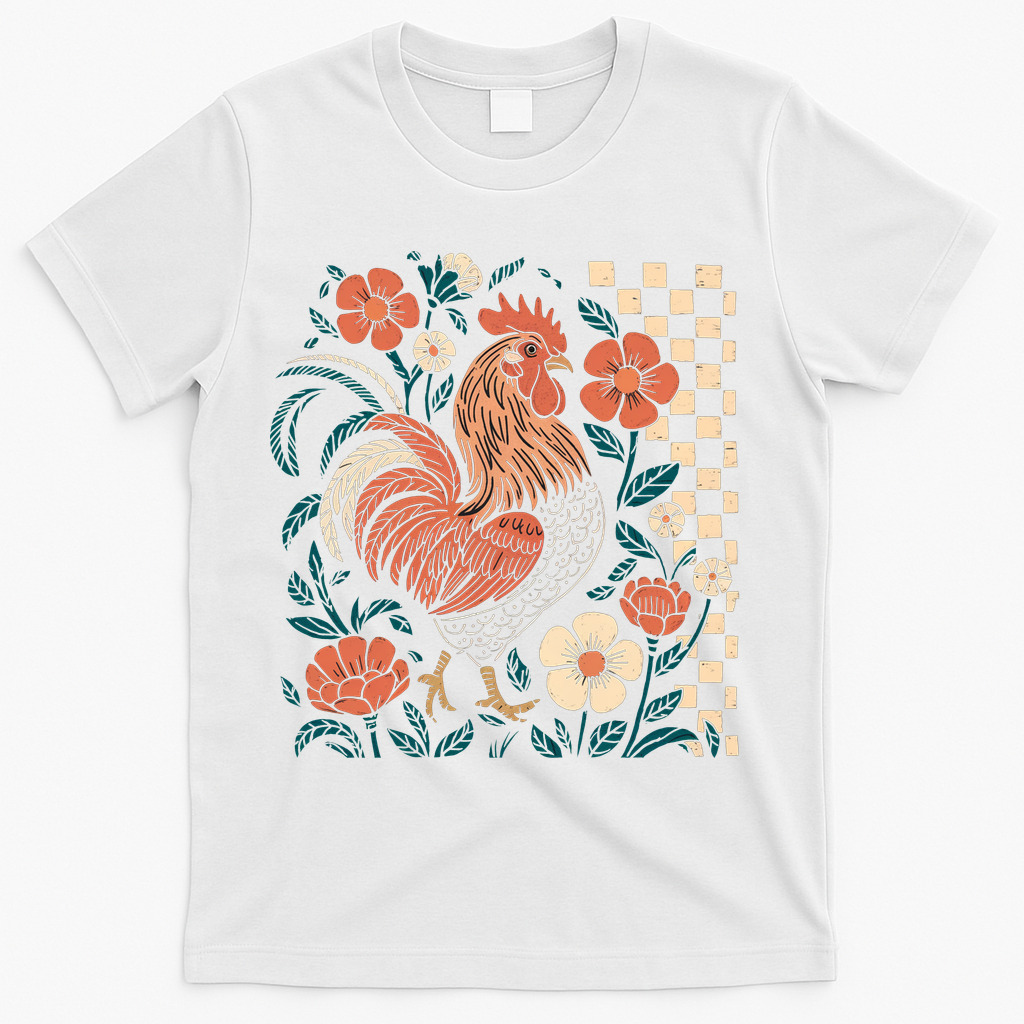 Retro Boho Floral Fall Chicken Hen Vintage T-Shirt - White