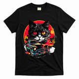 Retro Cat Classic Car Vintage Neon Art T-Shirt - Black