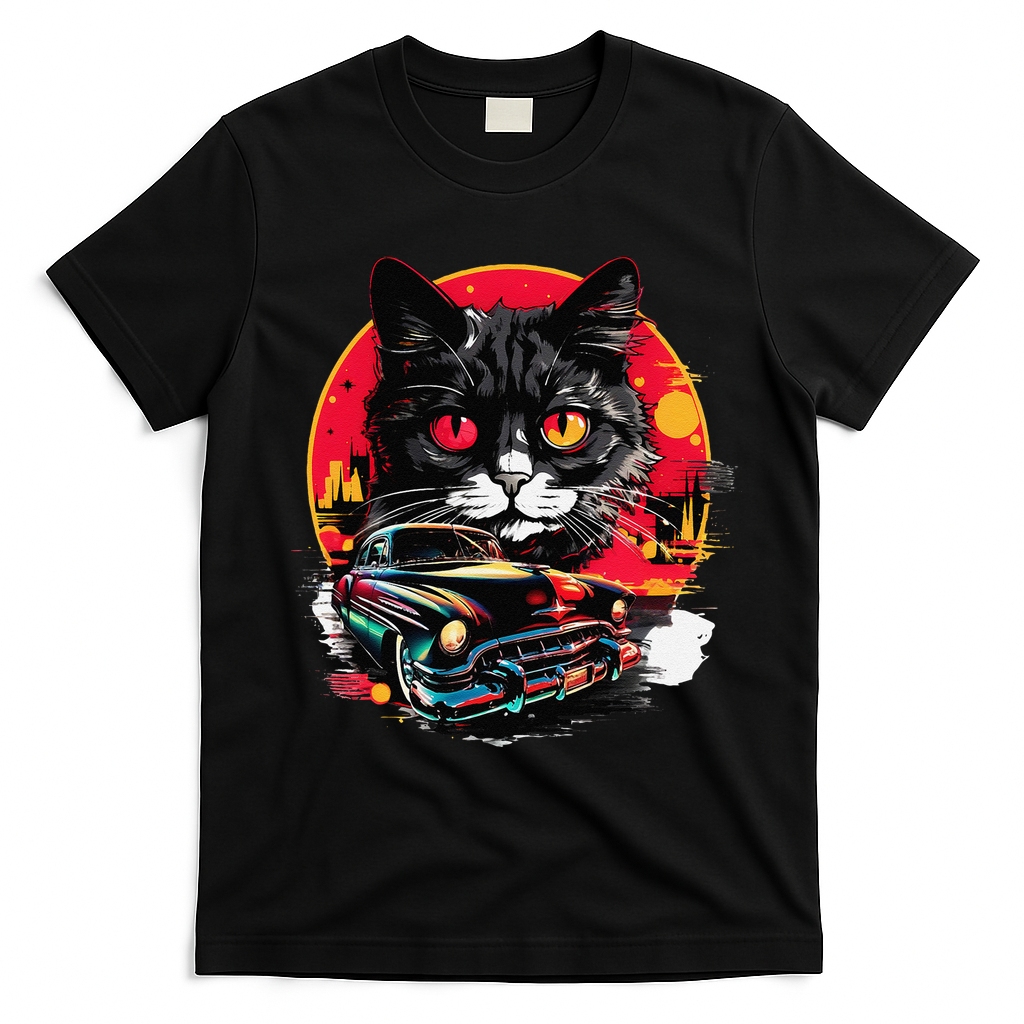 Retro Cat Classic Car Vintage Neon Art T-Shirt - Black