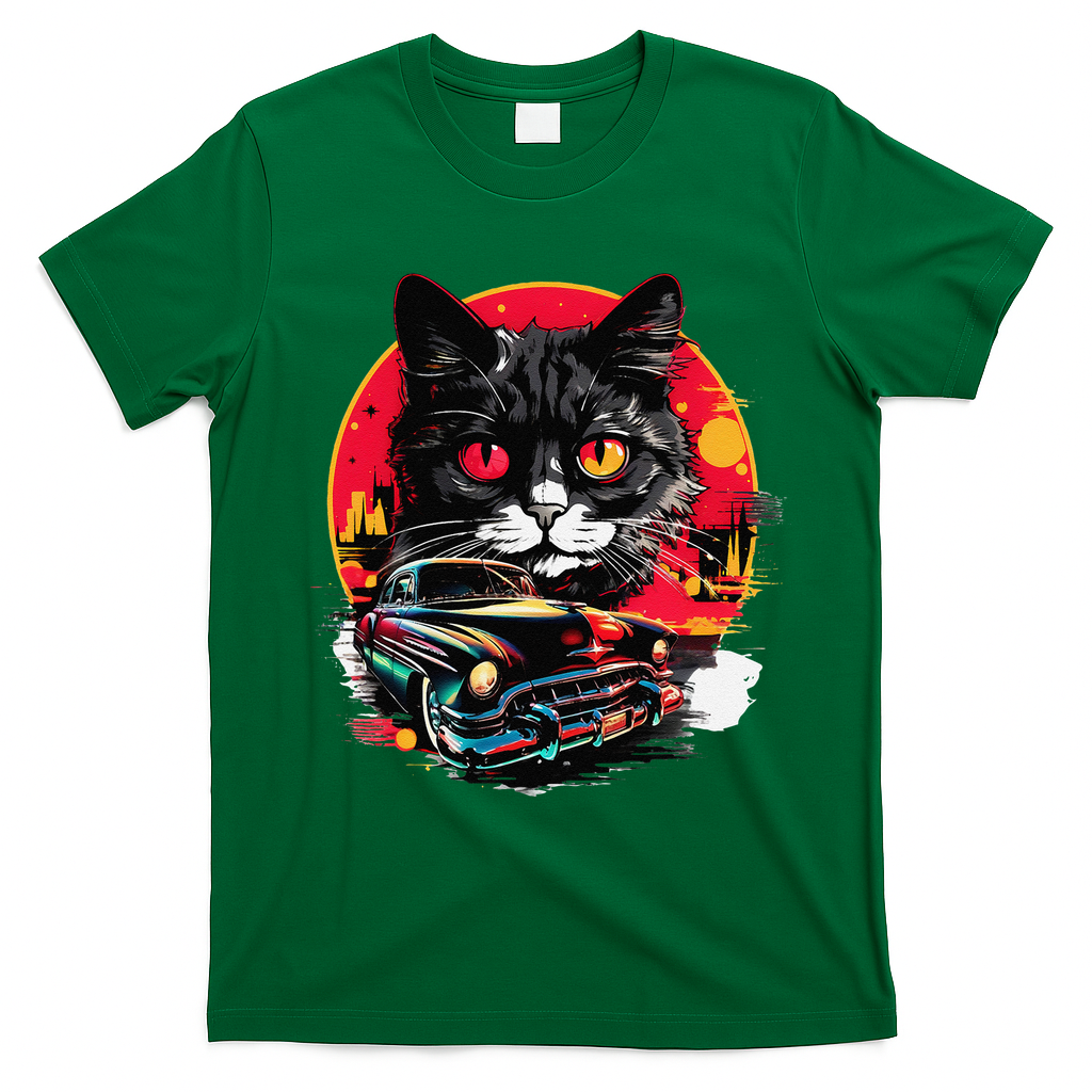 Retro Cat Classic Car Vintage Neon Art T-Shirt - Irish Green