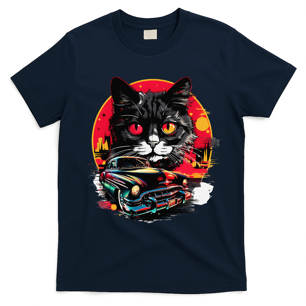 Retro Cat Classic Car Vintage Neon Art T-Shirt - Navy Blue