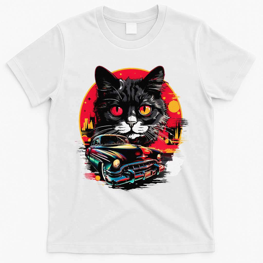 Retro Cat Classic Car Vintage Neon Art T-Shirt - White