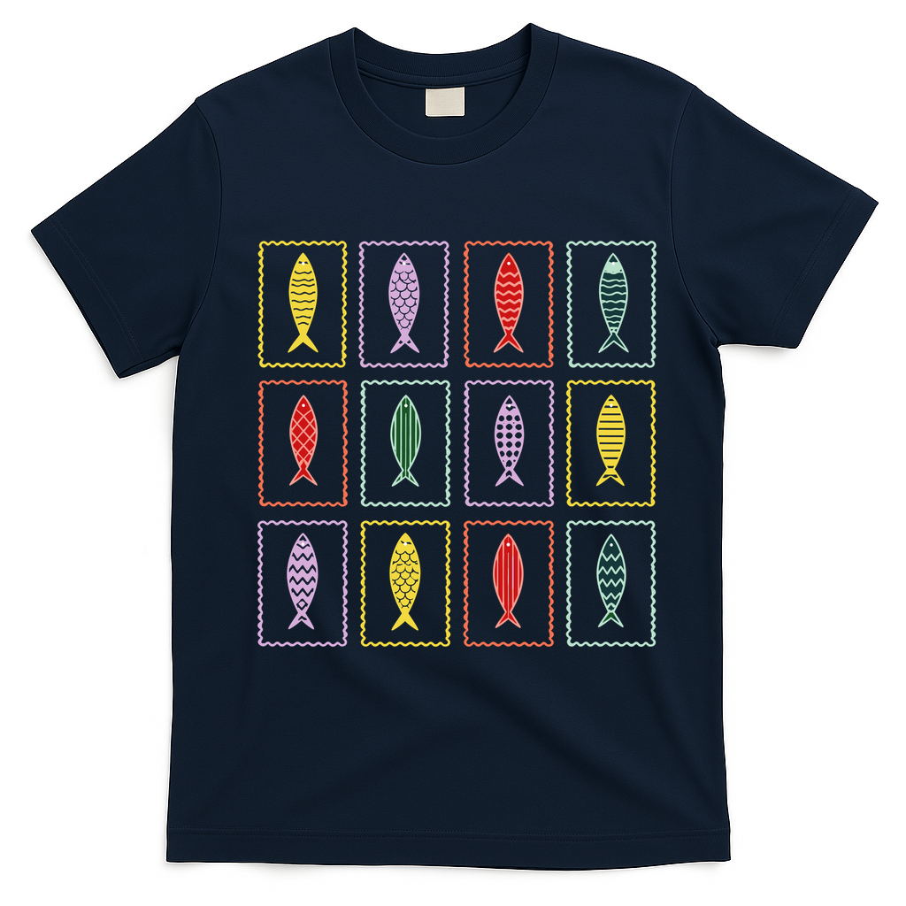 Retro Colorful Fish Pattern Art For Ocean Lovers  T-Shirt - Navy Blue