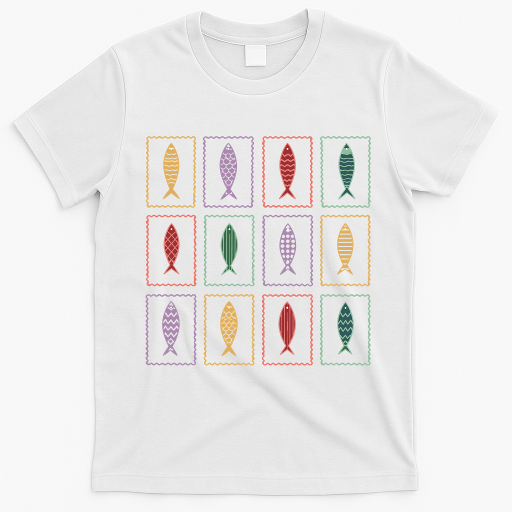 Retro Colorful Fish Pattern Art For Ocean Lovers  T-Shirt - White