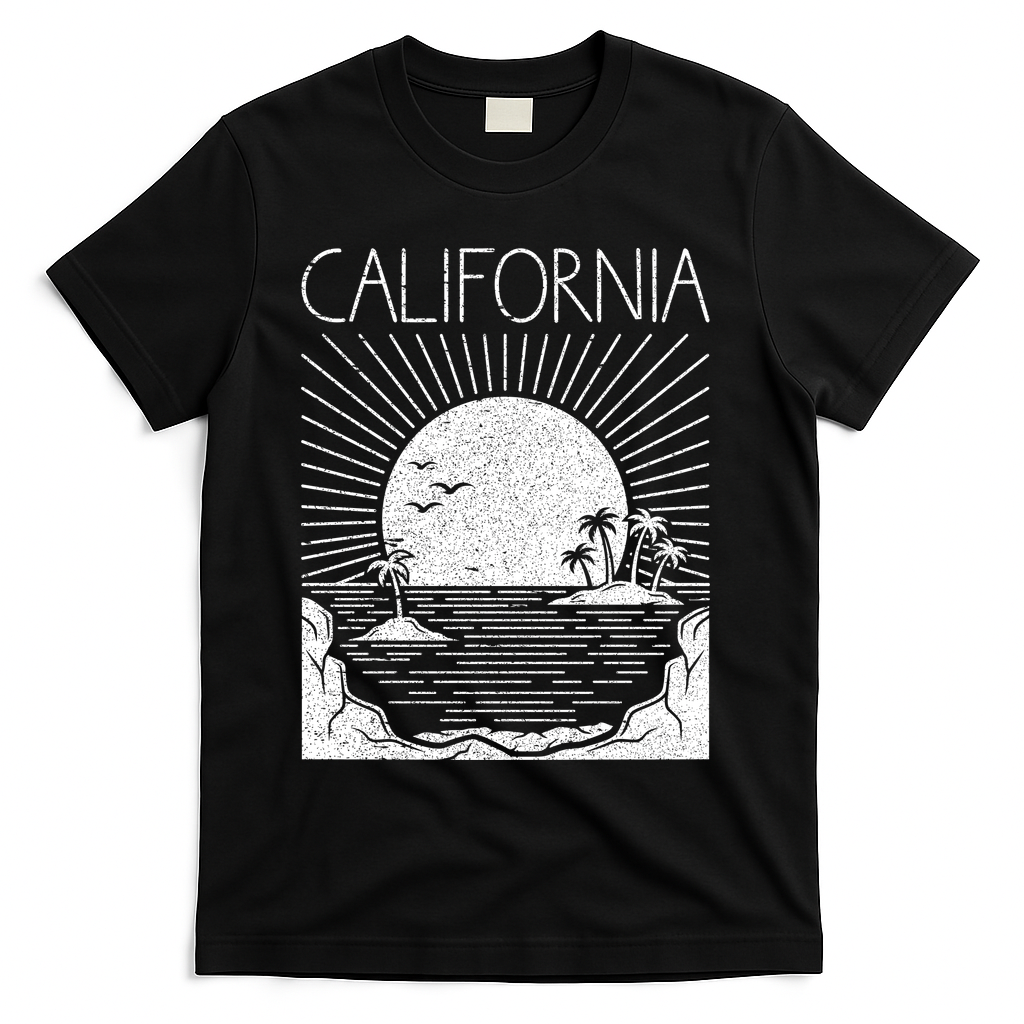 Retro California Rising Sun Palms And Ocean Summer T-Shirt - Black
