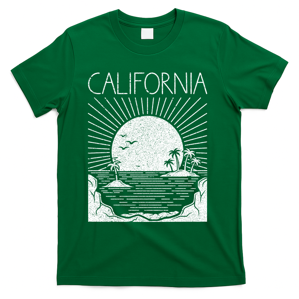 Retro California Rising Sun Palms And Ocean Summer T-Shirt - Green