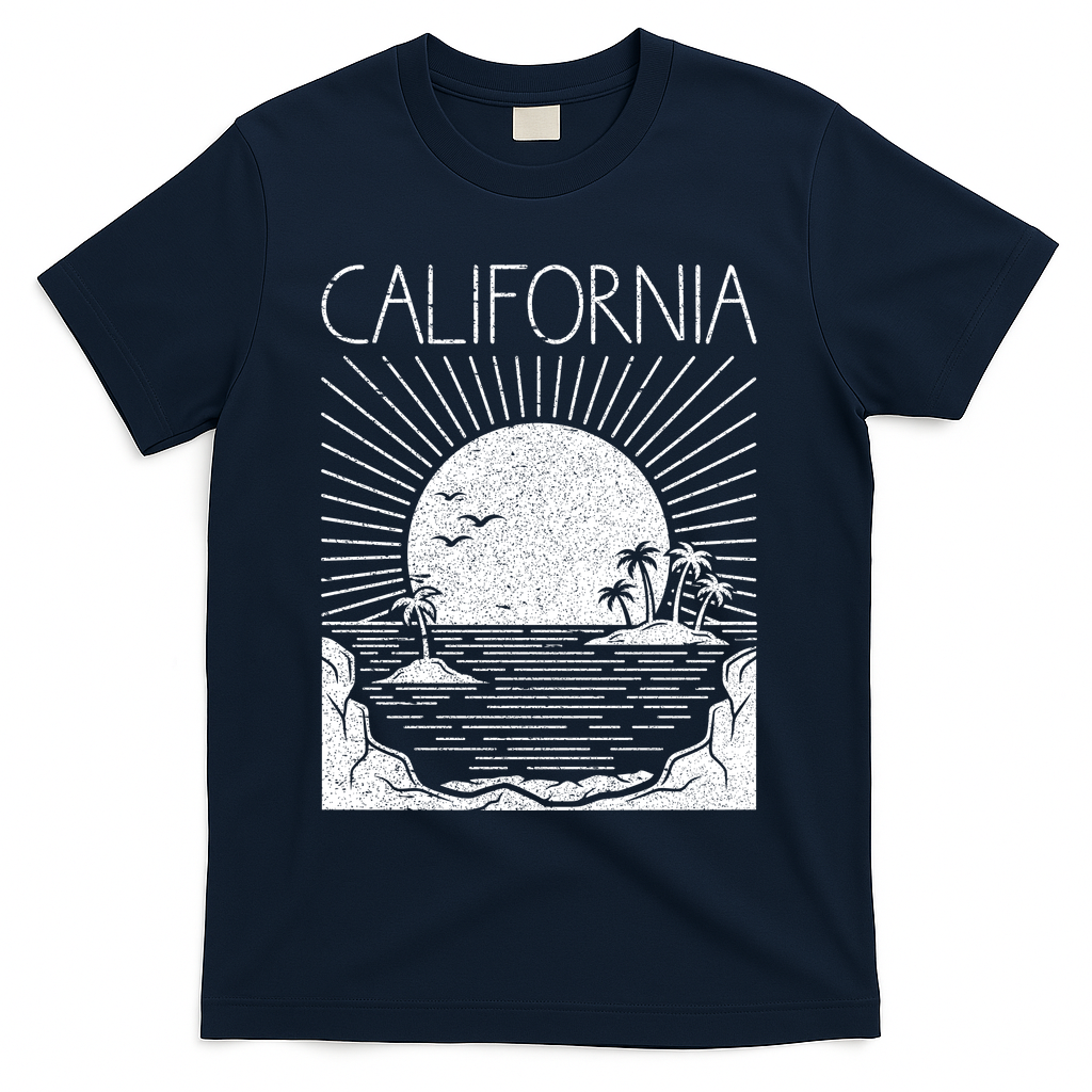 Retro California Rising Sun Palms And Ocean Summer T-Shirt - Navy