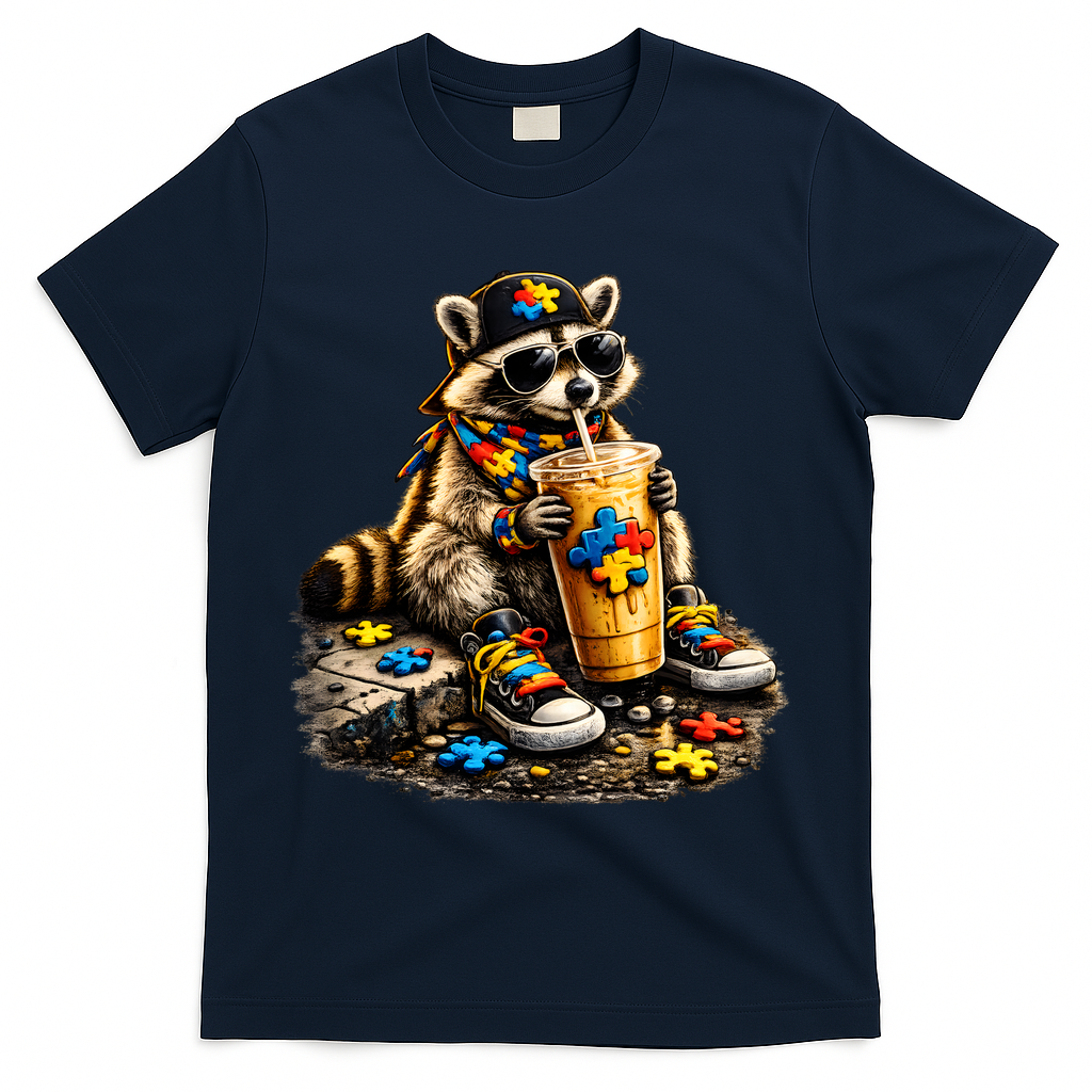 Raccoon Drinking Iced Coffee Autism T-Shirt - Navy