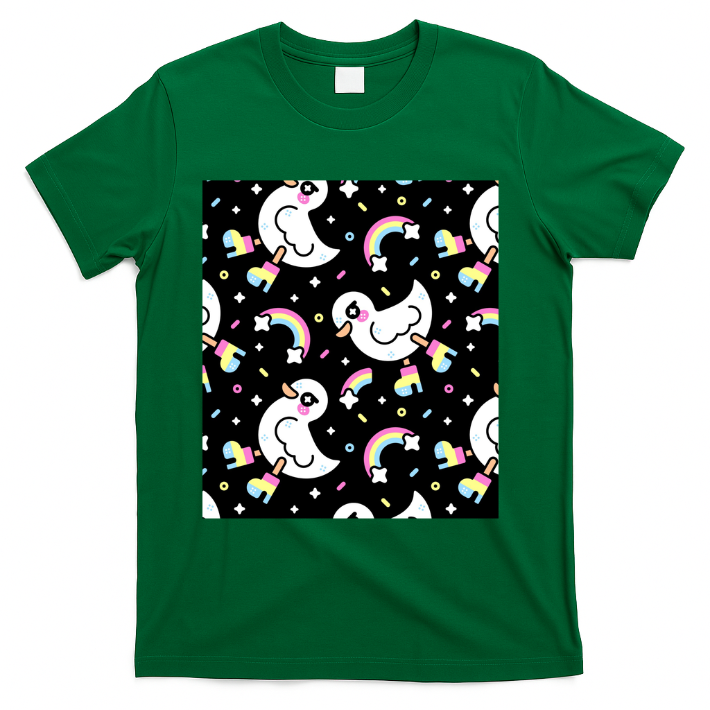 Rainbow Duck Pattern – Kawaii Ducks in Boots with Stars and Rainbows - Green