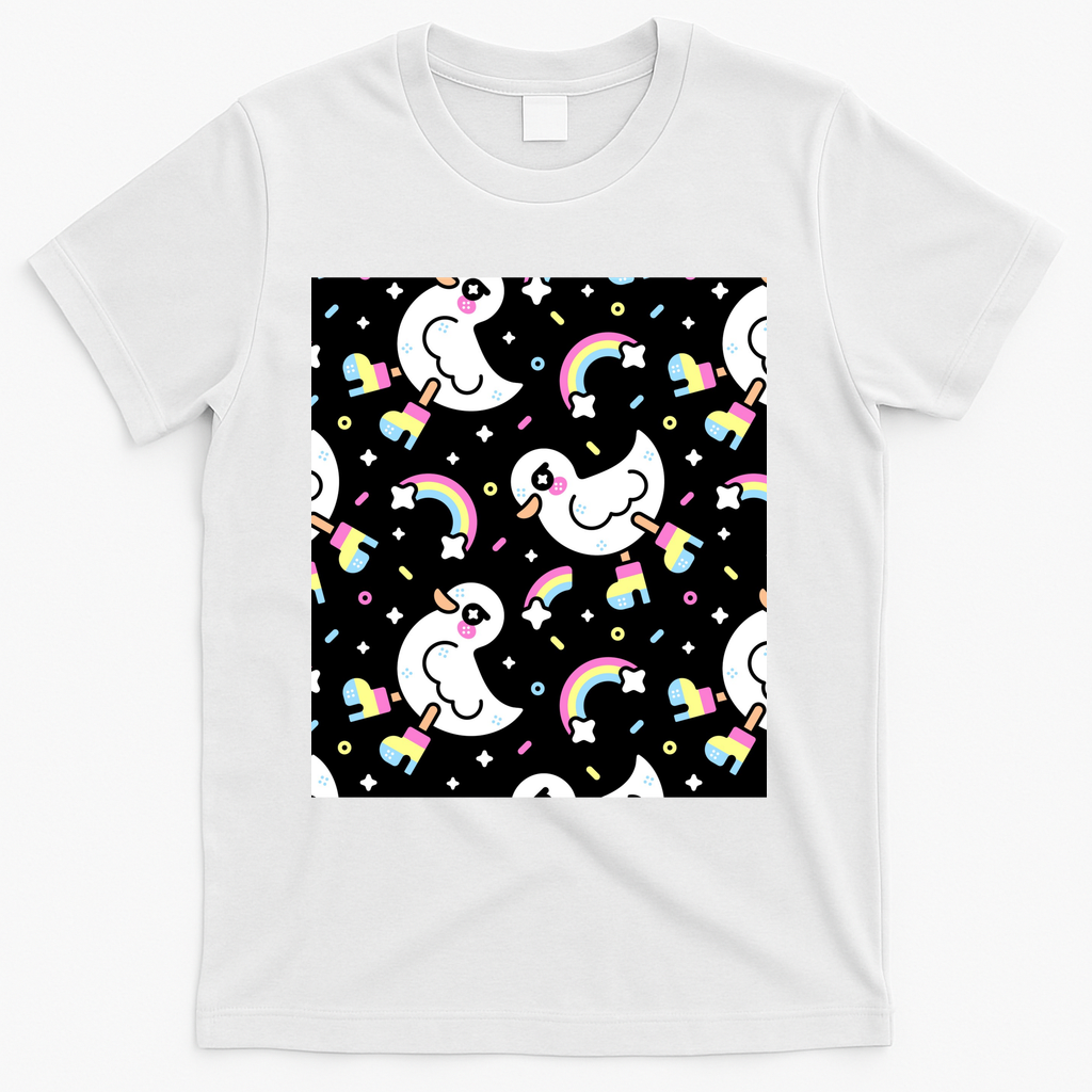 Rainbow Duck Pattern – Kawaii Ducks in Boots with Stars and Rainbows - White