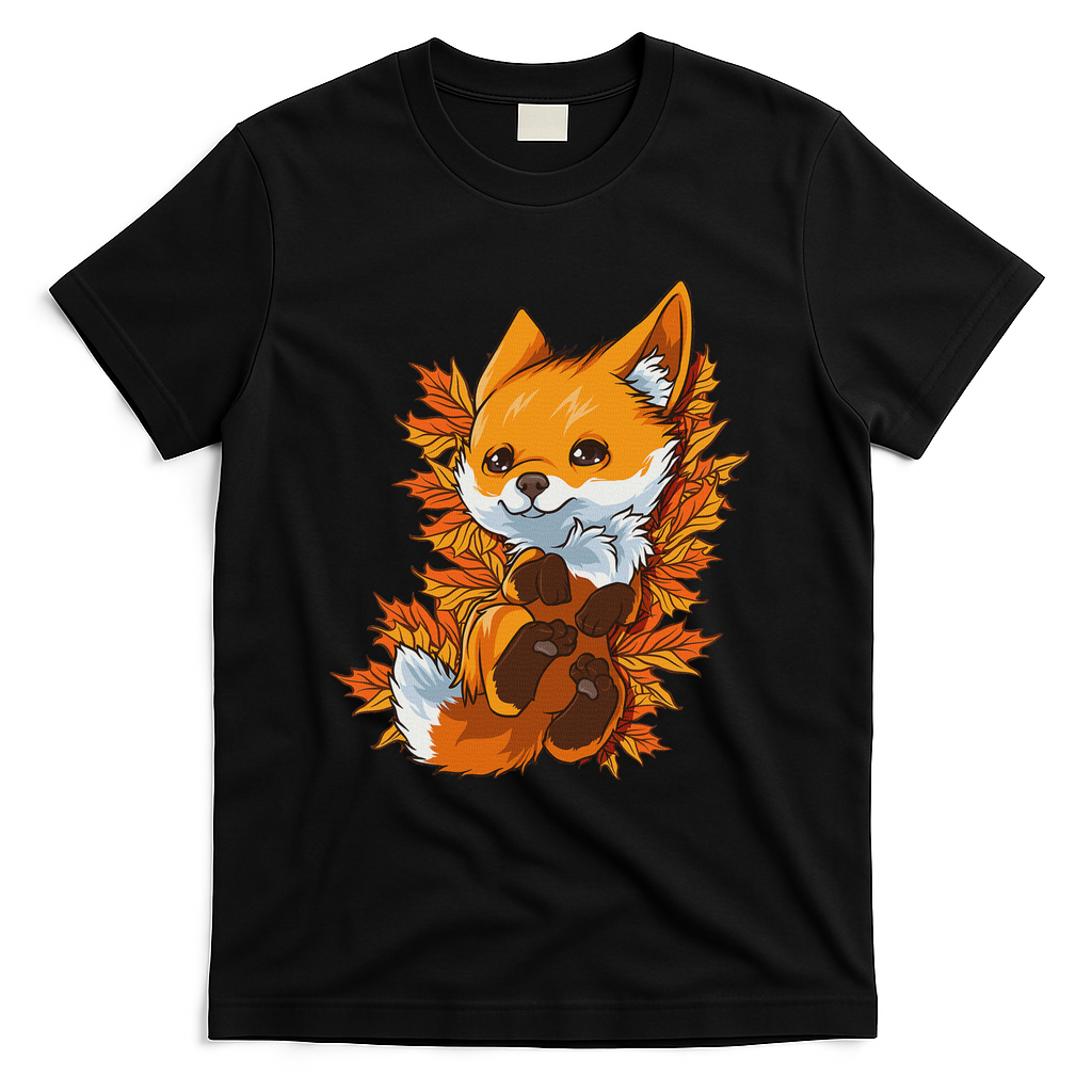 Red Forest Fox Baby Animal Autumn Fall Leaves T-Shirt - Black