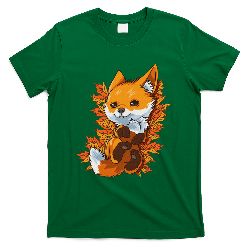 Red Forest Fox Baby Animal Autumn Fall Leaves T-Shirt - Green