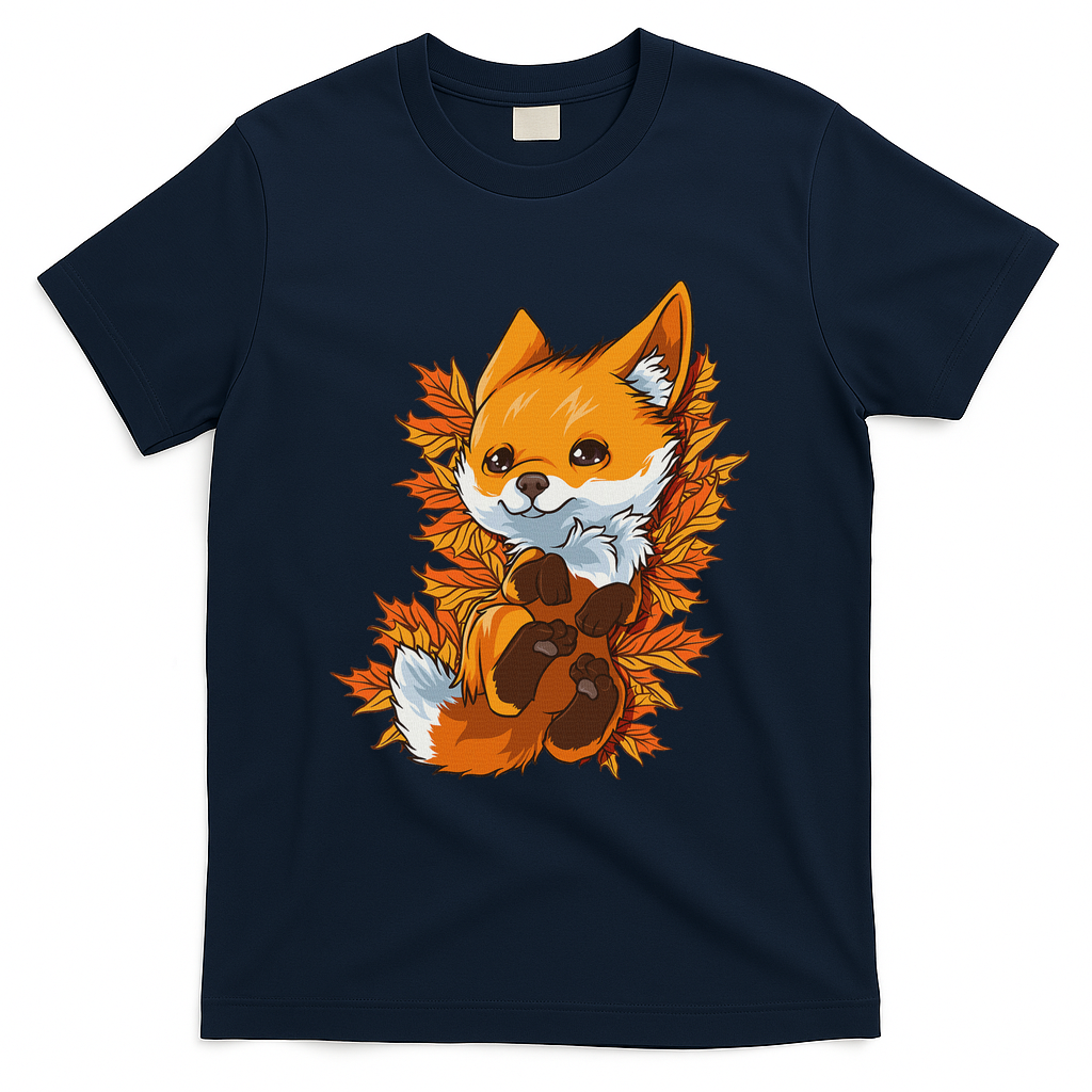 Red Forest Fox Baby Animal Autumn Fall Leaves T-Shirt - Navy
